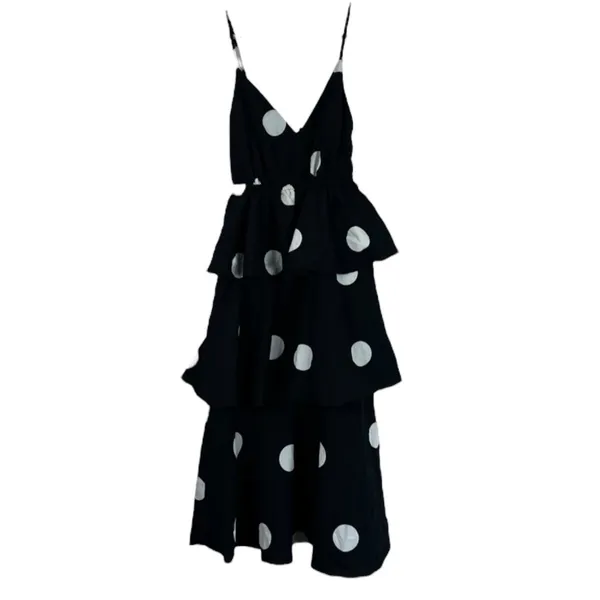 OPT Rockabilly Polka Dot Midi Dress Black White Tiered Ruffle 50s Retro Size XS - Image 2
