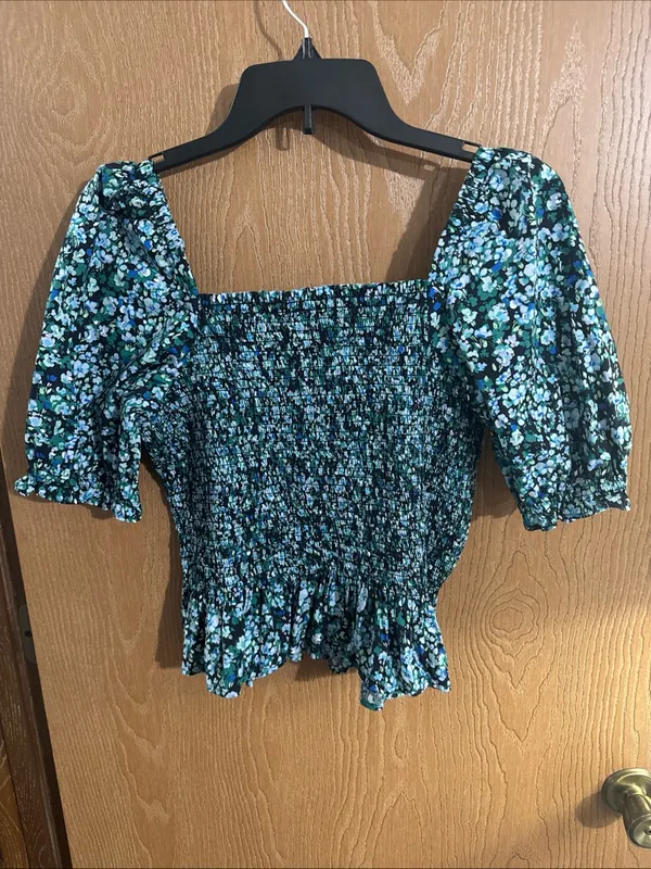 J.Crew Cotton Poplin Smocked Blue Green Floral Top Puff Sleeve Ruffle Hem Medium - Image 7