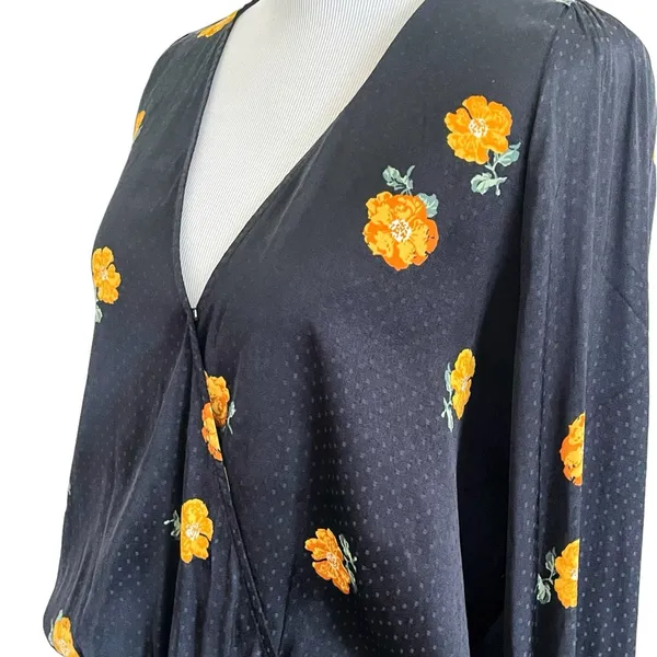 Madewell Bubble-Sleeve Black Wrap Top with Yellow Gold Floating Florets S - Image 5