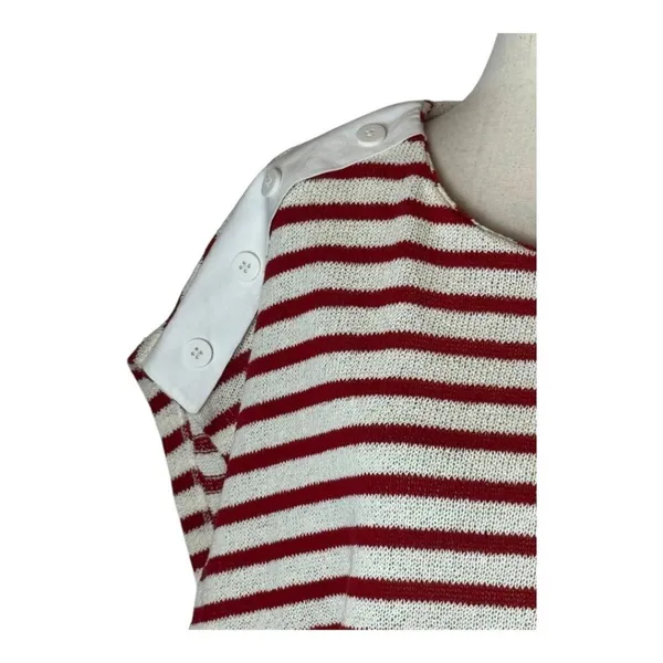 Zara Shirt Women‎ Medium Red White Striped Knit Button Shoulder Top Coastal - Image 5