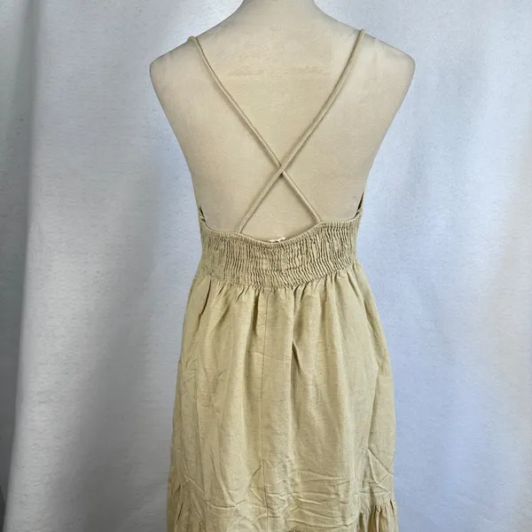 SIM & SAM Tan Linen Blend Tiered Maxi‎ Sundress Tie Front Spaghetti Straps Small - Image 8