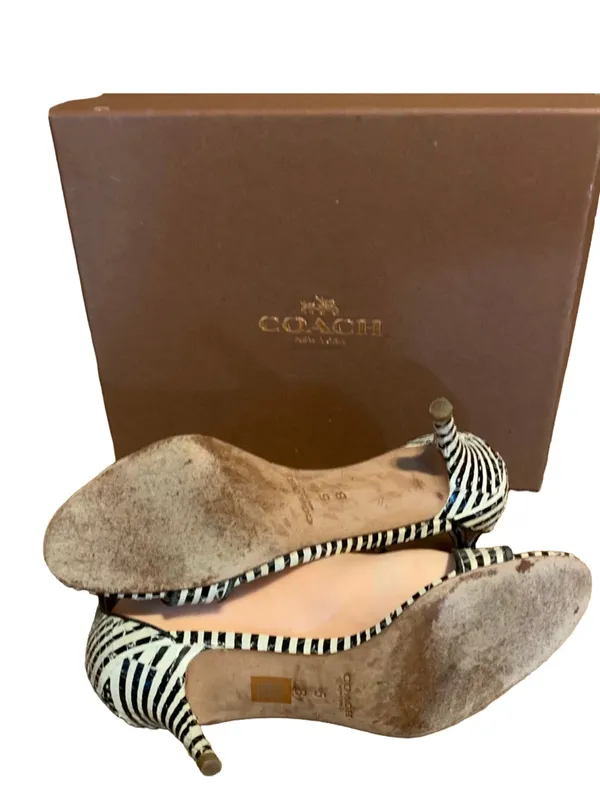 Coach "Marci Stripey" Black & White Leather Striped Kitten Heel Shoes (5b) - Image 5