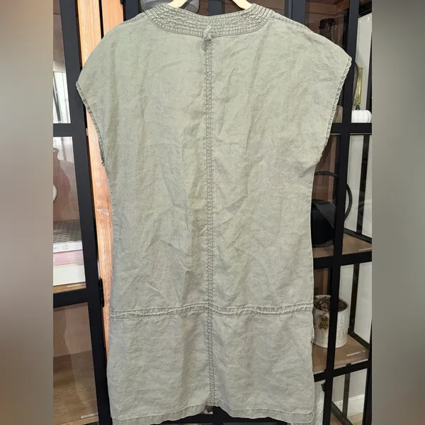 Sisley y2k mini dress vneck olive linen drop hem a-line pockets drawstring - Image 4