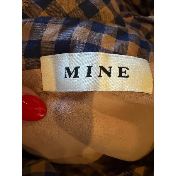 MINE Gingham Midi Dress Women Small Orange Blue Ruched Puff Sleeve Preppy Retro - Image 9