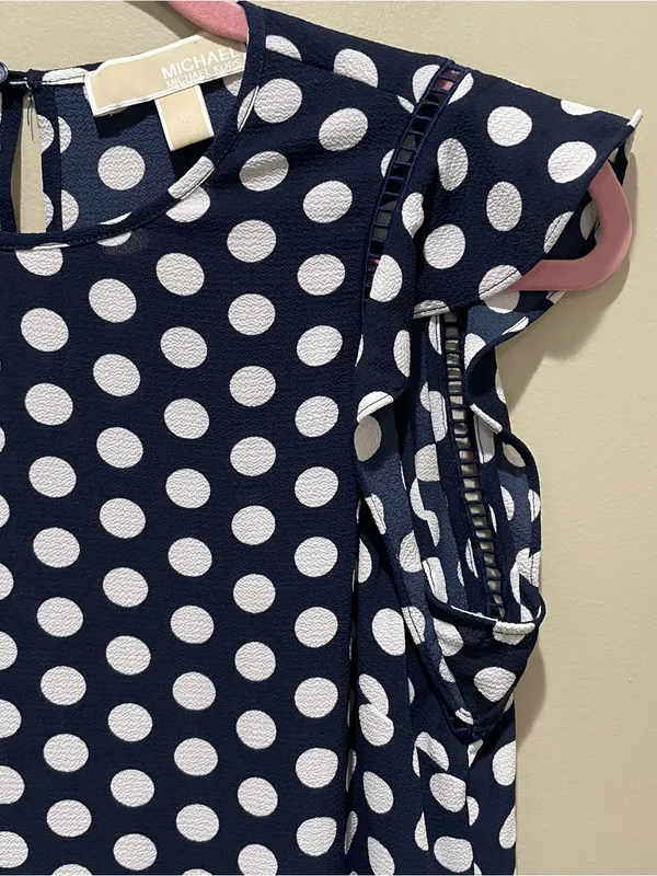 Michael Michael Kors Polka Dot Ruffle Sleeve Blouse Navy White Women Size Medium - Image 4