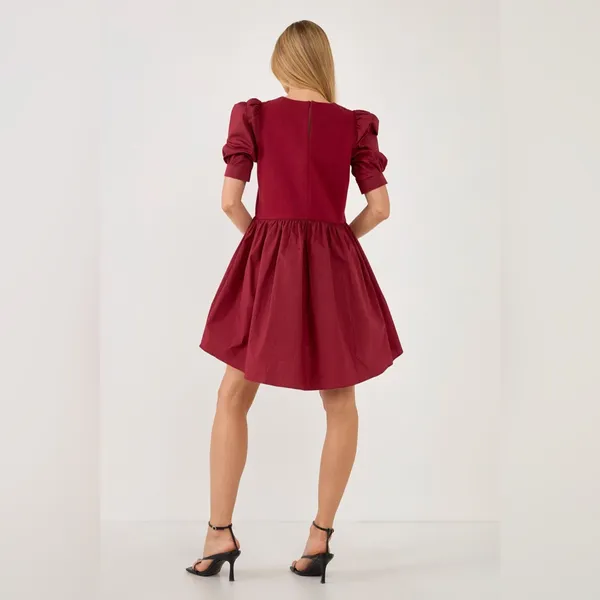 English Factory mixed Media Red Dress with Puff Sleeves - Image 2