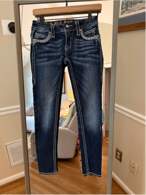 Women's Rock Revival Skinny Jeans Size 25 Blue Silver Embellished - Image 3