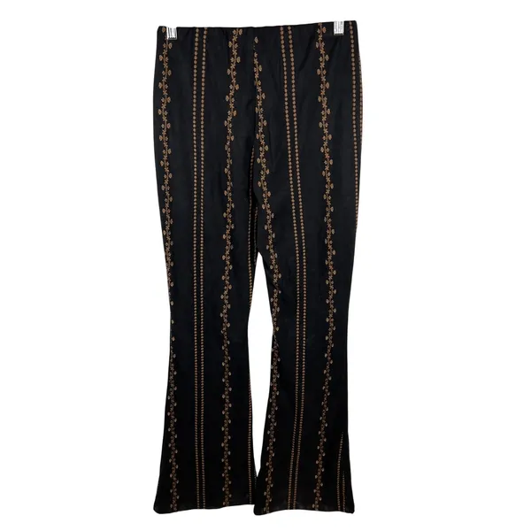 Honey Belle Womens Black Brown Floral Stripe Faux‎ Suede Flare Pants Size M Boho - Image 5