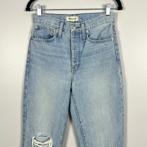 Madewell Classic Straight Jeans Size 25 Blue Distressed High Rise Rigid Denim - Image 4