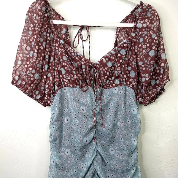 Free People x REVOLVE Storm Combo Tessa Ruched Blouson Sleeves Mini Dress Medium - Image 6