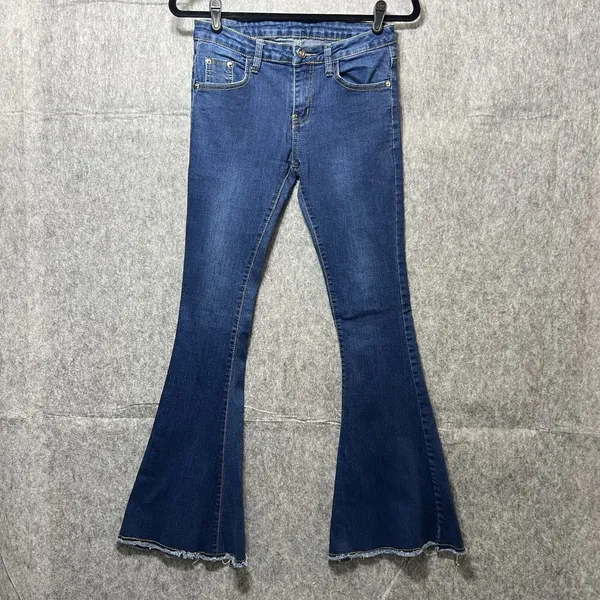 Galmint Womens US 4 Blue Denim Flare Bell Bottom Jeans Raw Hem Stretch‎ - Image 10