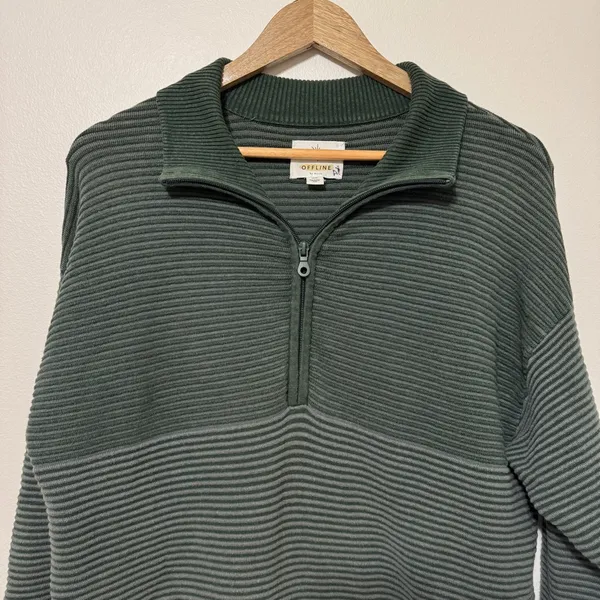 Aerie Offline Home Stretch Quarter Zip Sweater Ribbed Green Oversized Size Small - Image 4