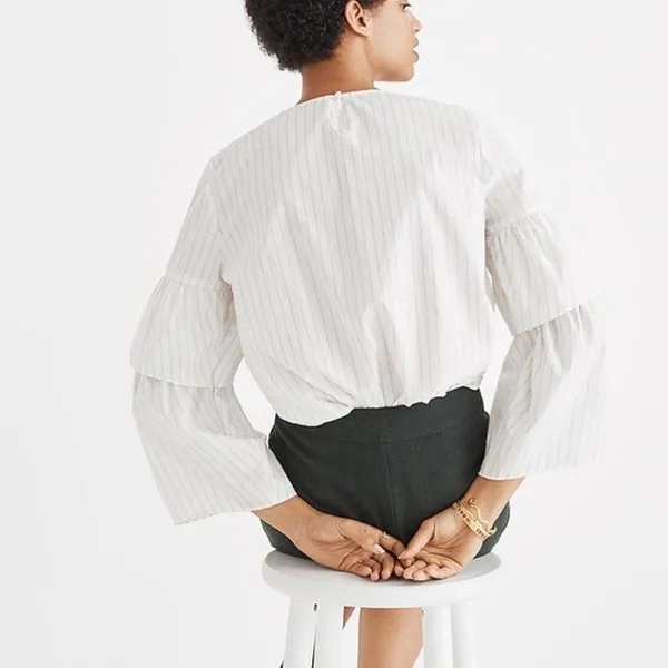 Madewell Tiered‎ Ruffled Flare Accent Sleeves White Grey Striped Blouse - XS - Image 2