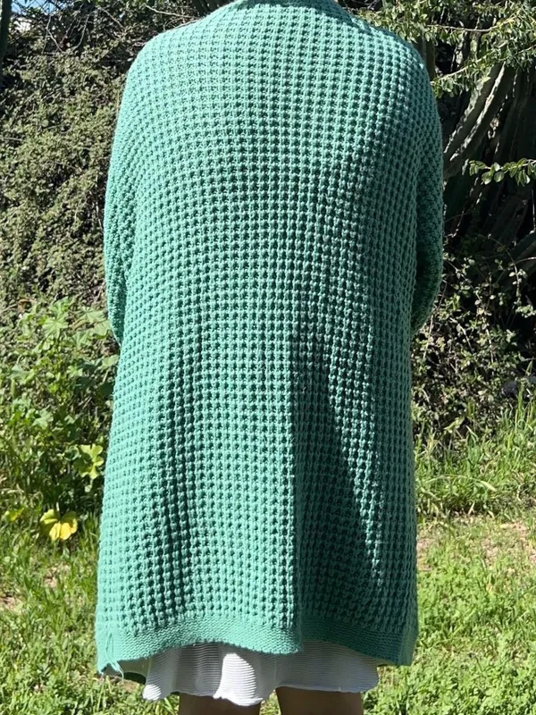 Green waffle knit cardigan. - Image 3
