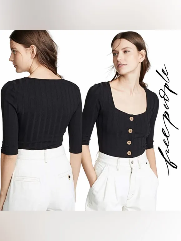 Free People Central Park Women's Black Ribbed Button-Front Top Size XS - Image 3