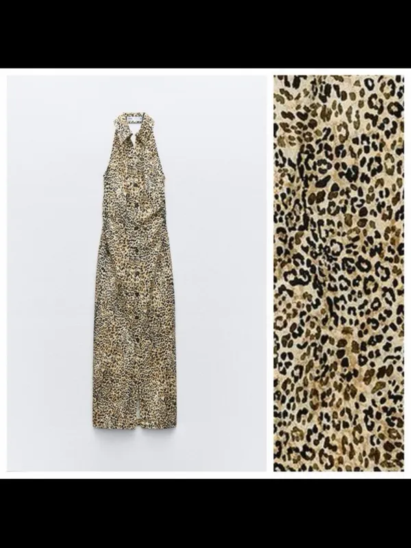 Zara Leopard Print Halter Maxi Dress - Beige & Black - Image 3
