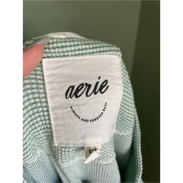 Aerie Waffle Soft Oversized Pullover Sweater Size Small Green White Thermal - Image 3