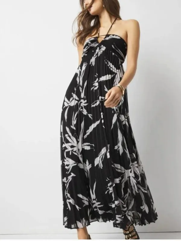 NWT White House Black Market halter Neck Pleated Maxi Dress Black White 4 - Image 2