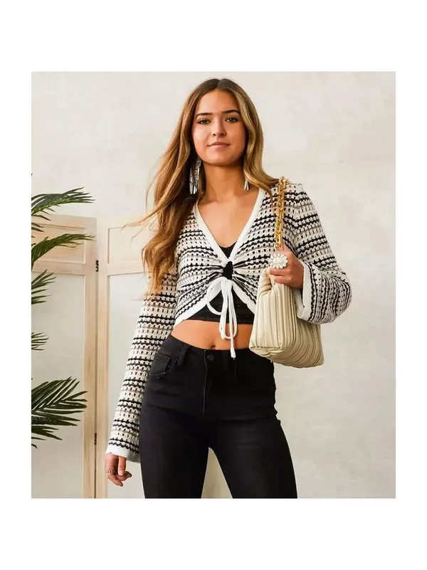 Emory Park Boho Feminine Crochet Knit Cream Multicolored Cropped Sweater - Image 2