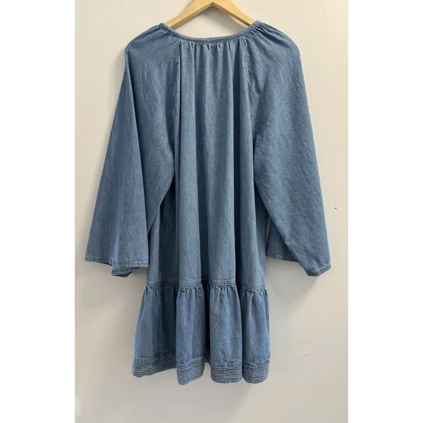 LOFT Women L Denim Chambray Tie Neck Wide Sleeve Tiered Drop Waist Dress Cotton - Image 3