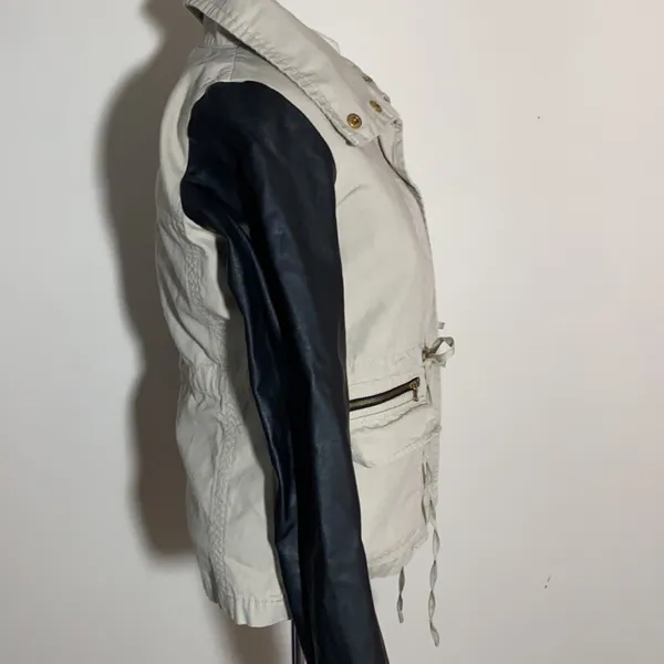 Women’s JJ utility jacket coat canvas contrast sleeves faux Leather small tan - Image 4