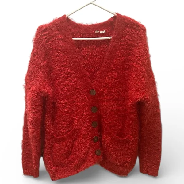 Anthropologie Moth sweater Red Emilie Wool blend Fuzzy Oversized button Size S - Image 2