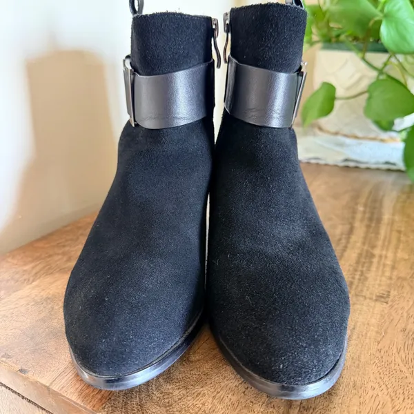 July Lover Size 220 US 5 Ankle Boots Black Suede Buckle Moto Block Heel Biker - Image 6