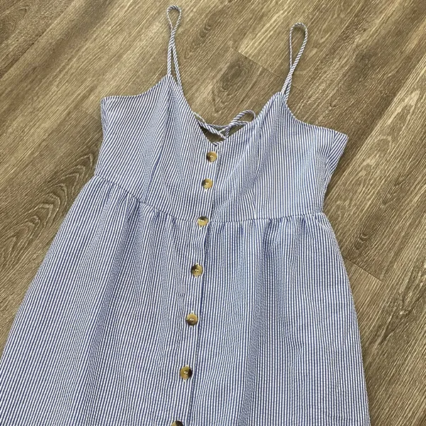 H&M button front midi dress striped blue white coastal sundress 10 large - Image 2