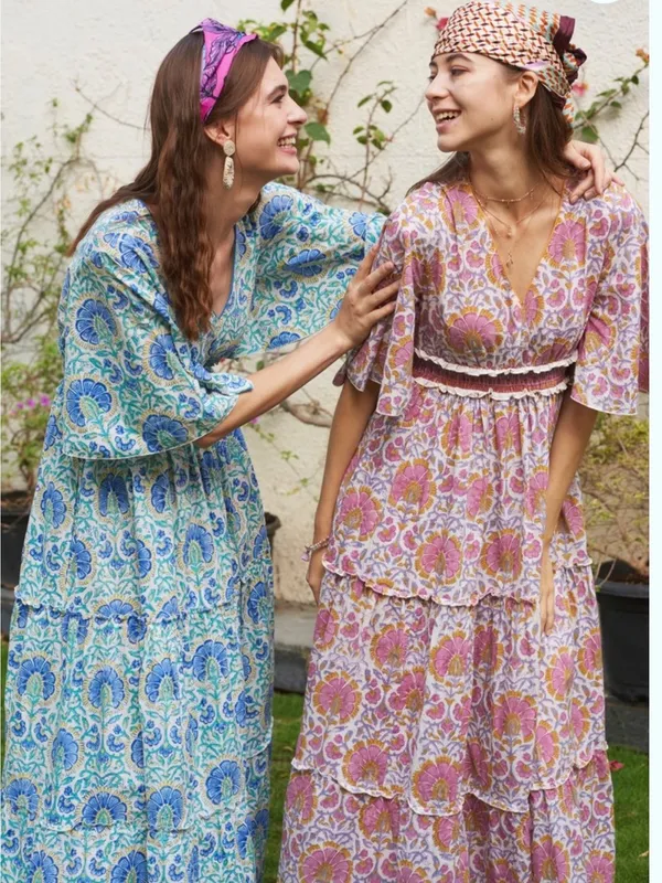 Sohana block print maxi dress cotton Zoey floral smocked tiered ruffle boho - Image 3