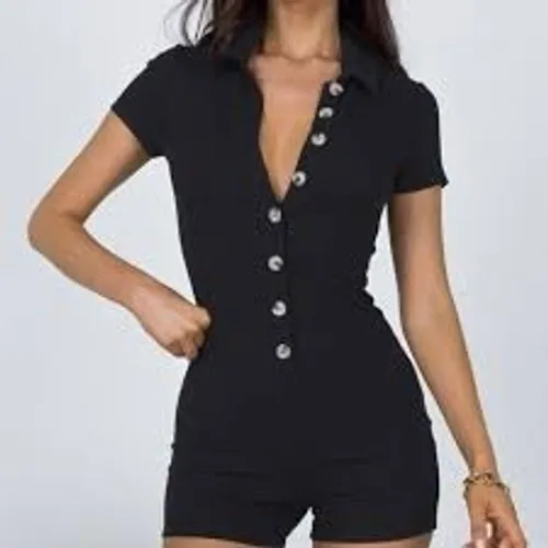 Princess Polly Women Romper 2 Black Ribbed Button Front Short Sleeve Playsuit - Image 2