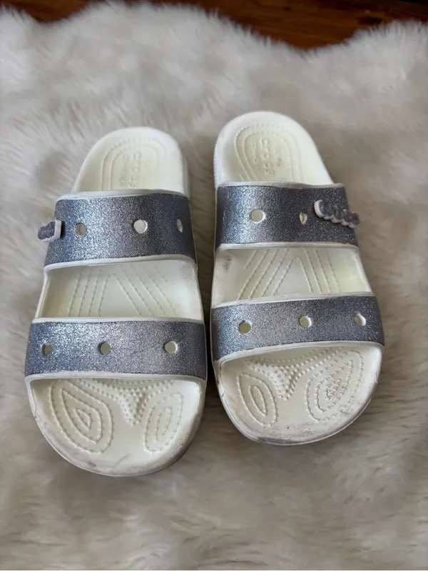 Iconic CROCS Comfort Silver Sparkle Glitter and White Sandals - Image 5