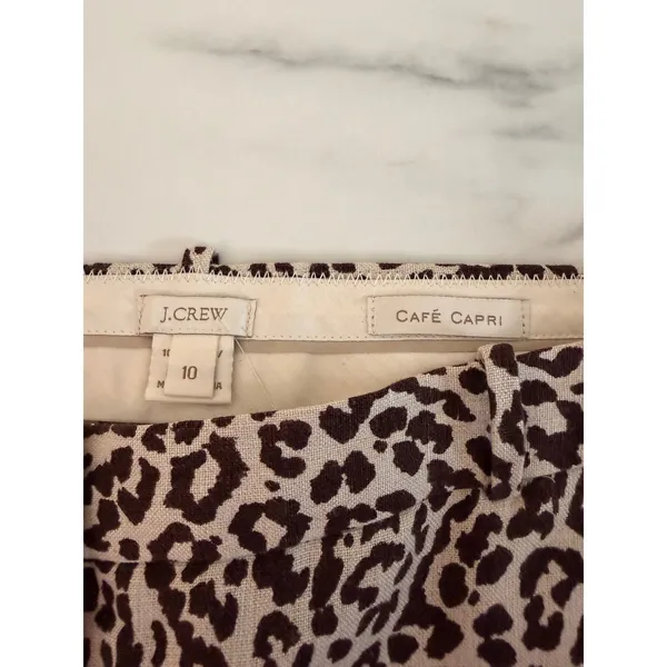 J.Crew Cafe Capri Pants Womens 10 Brown Leopard Print 100% Linen Tapered Cuffed‎ - Image 3