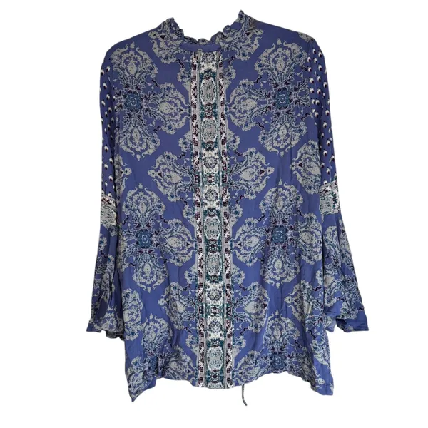 Free People Purple Paisley Bell Sleeve Blouse Ruffle Neck Button Front Top Med M - Image 8