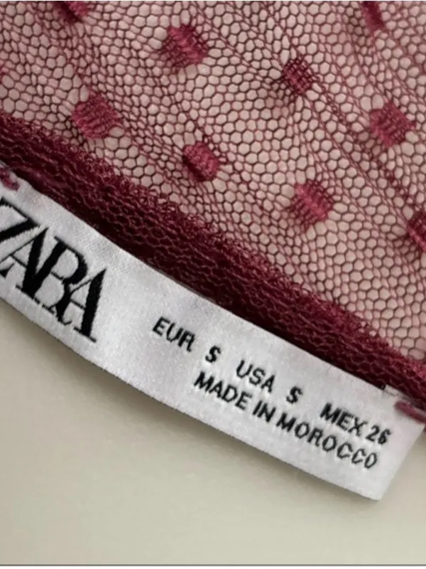 ZARA Burgundy Swiss Dot Mesh Midi Dress Small Sheer V-Neck Ruffle - Image 5