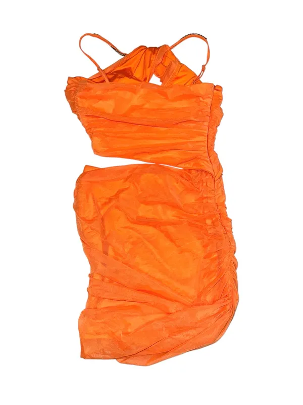 Oh Polly Lykke Orange One Shoulder Rhinestone Cutout Bodycon Mesh Mini Dress 4 - Image 4