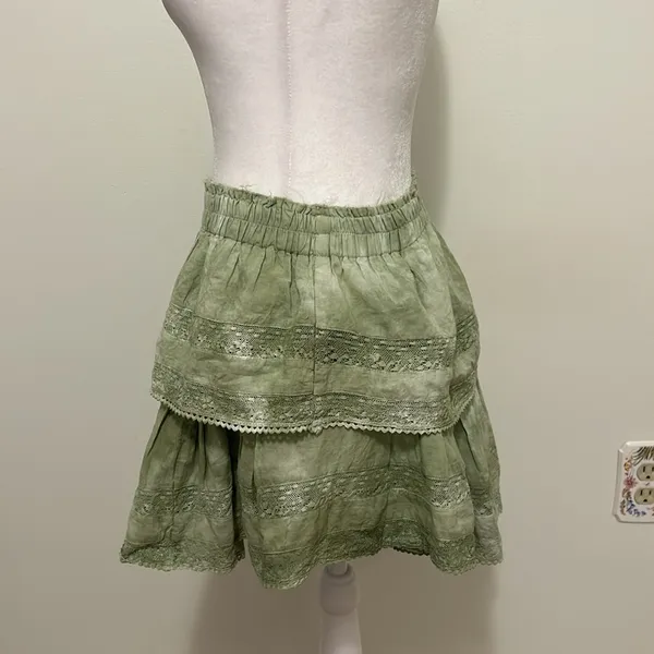 LoveShackFancy Tiered Ruffle Mini Skirt Moss Green Hand Tie Dye Size Medium - Image 6