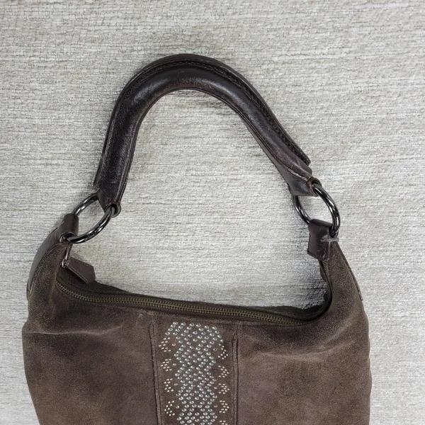 Via Spiga Suede Hobo Bag Brown Studded Rivet Leather Handle Y2K Boho Western - Image 10