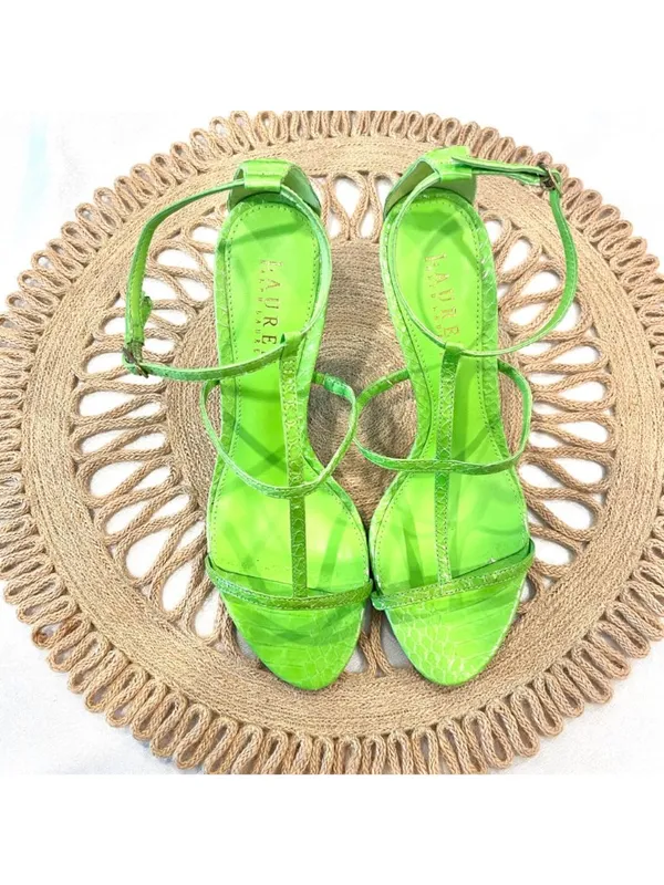 NWOT Lauren Ralph Lauren Green Leather Aida Open Toe Strappy Heels Size 7.5 - Image 2