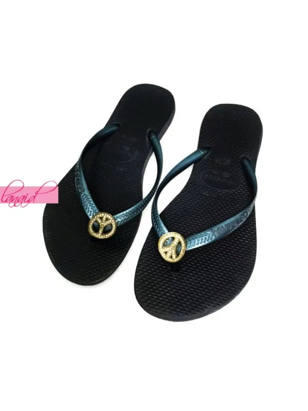 Havaianas Slim Crystal Peace Flip Flops Marine Hippie Sparkly Flats Thong Sandal - Image 2