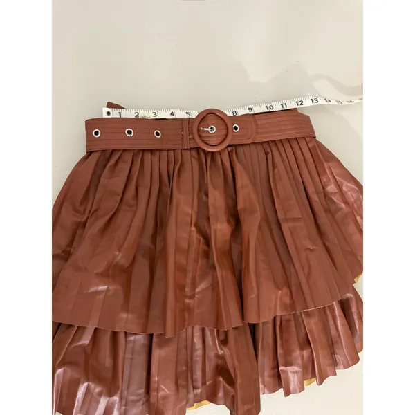 Vestique Camel Brown Vegan Faux Leather Belted Tiered Short Mini Skirt Small NWT - Image 5