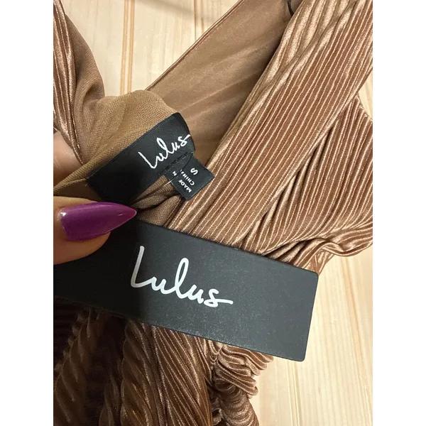 NWT Lulus Renee Light Brown Satin Plisse V-Neck Maxi Dress Gala Banquet Size S - Image 6