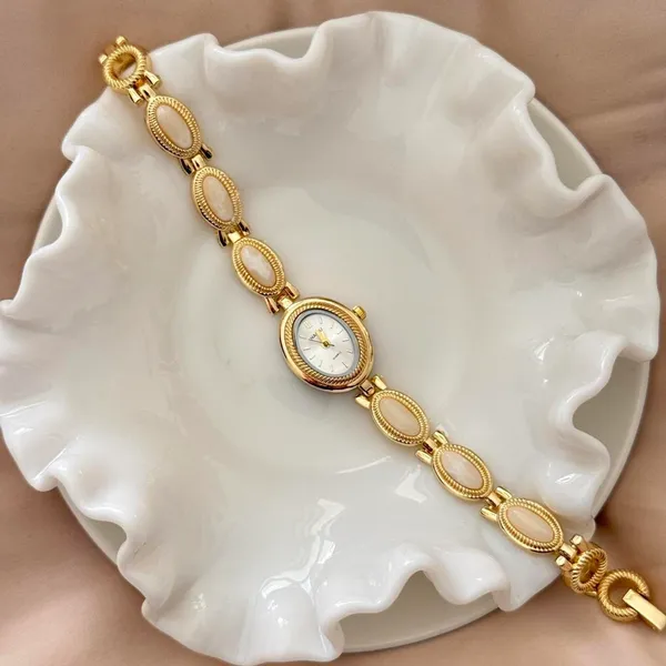 Dainty Vintage Gold And White Stone Watch - Image 4