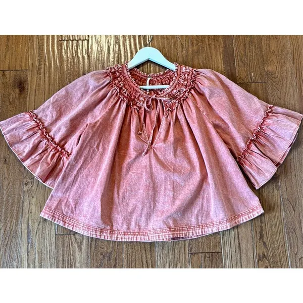 Free people orange mineral wash Ainsley ruffle blouse small - Image 11