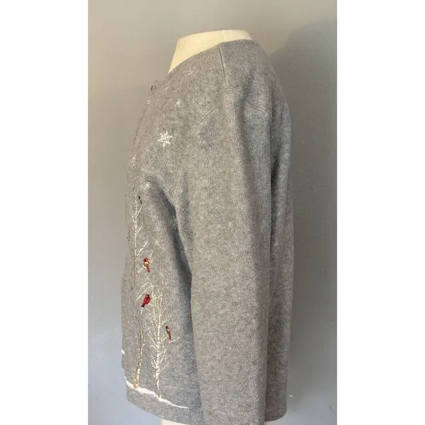 Croft & Barrow Cardigan Sz PL Full Zip Gray Cardinals Birds Holiday Winter‎ Snow - Image 9