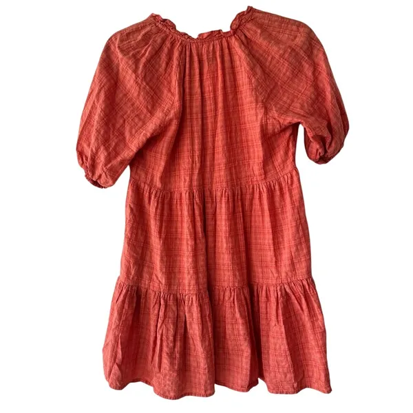 BB Dakota Hustle and Glow Tiered Mini Dress Coral Plaid V-Neck XS - Image 5