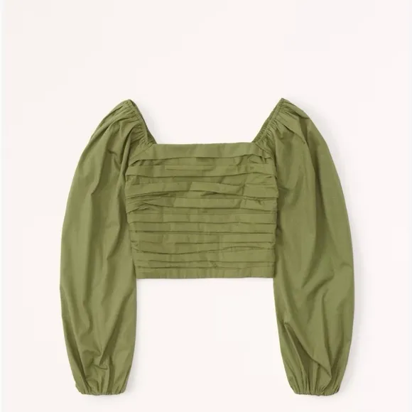 ABERCROMBIE & FITCH Puff Sleeve Pleated Bodice Ruched Crop Top in Green Size M - Image 3