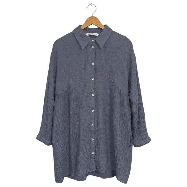 Zara‎ Slate Blue Grey Textured Cotton Gauze Button Down Shirt Dress Oversized M - Image 4