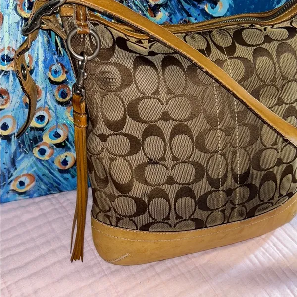 Coach Vintage Signature Canvas Monogram with Tan Leather Crossbody/Shoulder Bag - Image 2