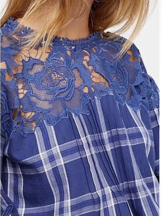 Free people Blue Plaid Lace Yoke Women's Top - Unbranded - Image 3