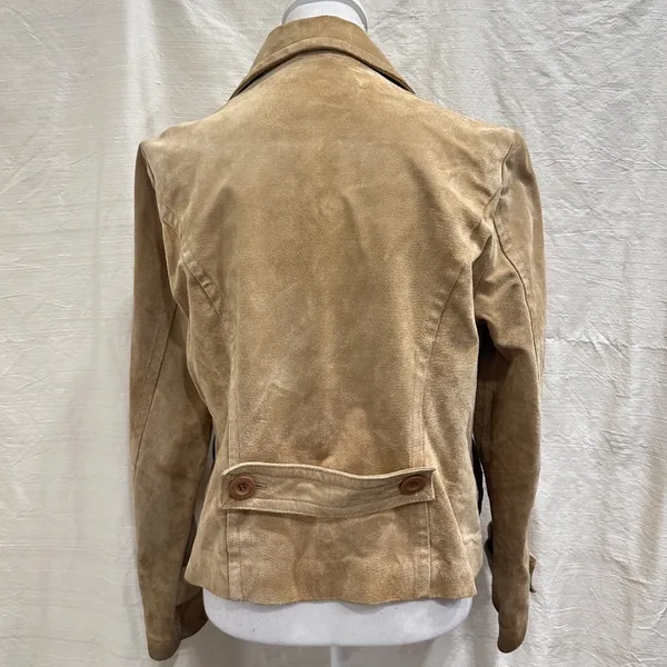 Y2K Live a Little Tan Suede Leather Double Breasted Pea Coat Jacket Small Preppy - Image 2